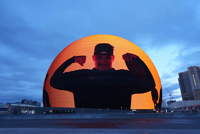 Views of Patrick Mahomes' adidas ad on the Sphere in Las Vegas.