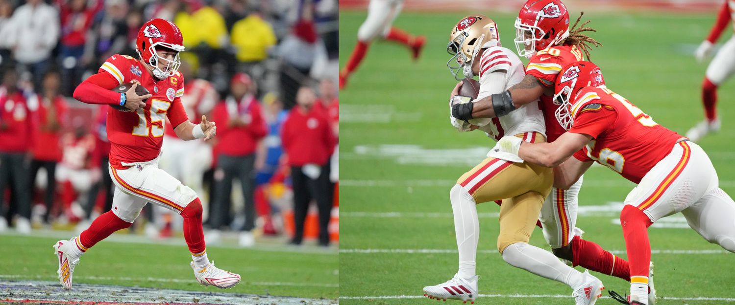 Patrick Mahomes and Brock Purdy during Super Bowl LVIII.