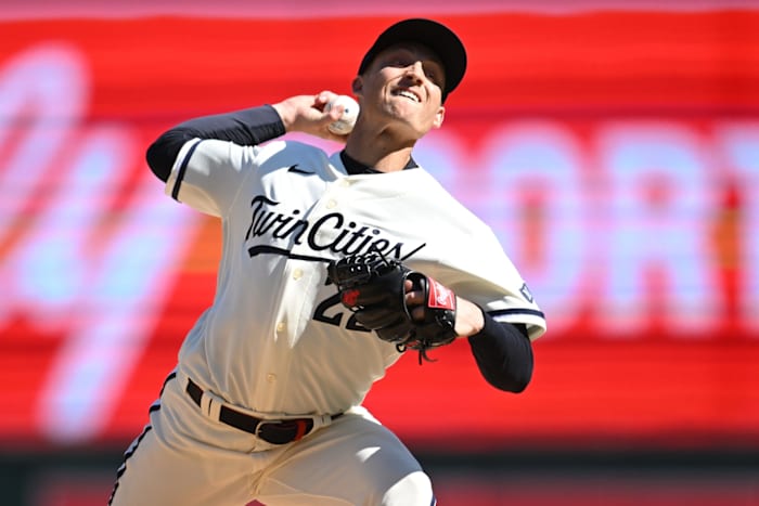 Apr 8, 2023; Minneapolis, Minnesota, USA; Minnesota Twins relief pitcher Griffin Jax (22) in action against the Houston Astros at Target Field.