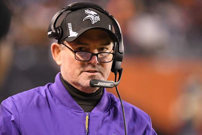 Dec 20, 2021; Chicago, Illinois, USA; Minnesota Vikings head coach Mike Zimmer looks on in the second half against the Chicago Bears at Soldier Field.