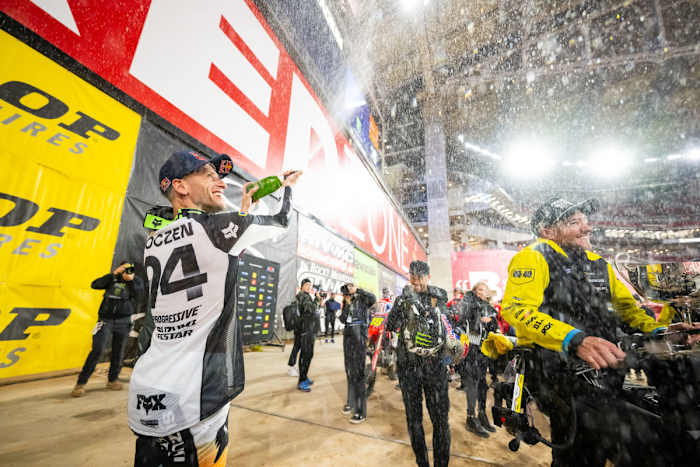 Ken Roczen celebrates after Saturday night's Supercross win in Glendale, Arizona.