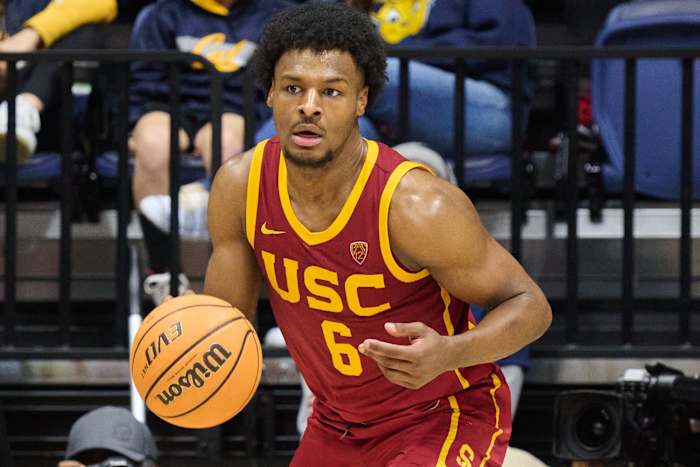 USC Trojans guard Bronny James dribbles the ball against the California Golden Bears during the second half at Haas Pavilion in Berkeley, Calif., on Feb. 7, 2024.