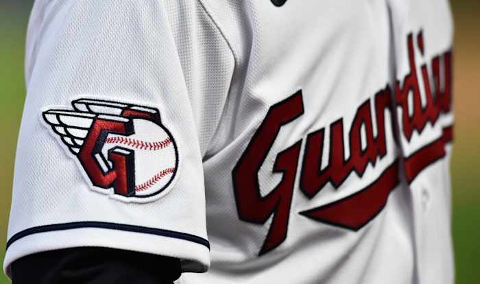 Apr 15, 2022; Cleveland, Ohio, USA; A detail of the uniform of Cleveland Guardians left fielder Steven Kwan during the game between the Cleveland Guardians and the San Francisco Giants at Progressive Field.