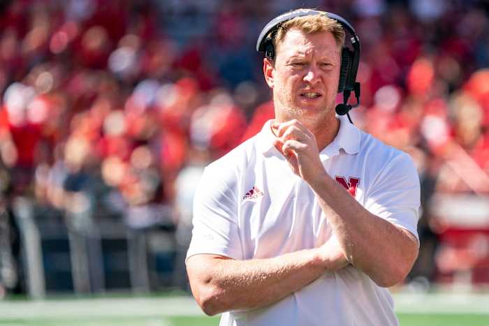 Nebraska Cornhuskers head coach Scott Frost looks on during a timeout in the second quarter against the North Dakota Fighting Hawks at Memorial Stadium in Lincoln, Nebraska, on Sept. 3, 2022.
