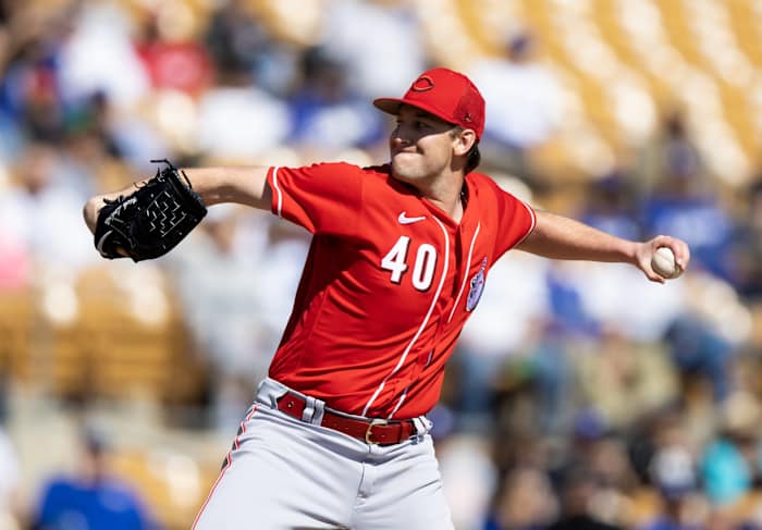 Feb 28, 2023; Phoenix, Arizona, USA; Cincinnati Reds pitcher Nick Lodolo against the Los Angeles Dodgers during a spring training game at Camelback Ranch-Glendale. Mandatory Credit: Mark J. Rebilas-USA TODAY Sports  