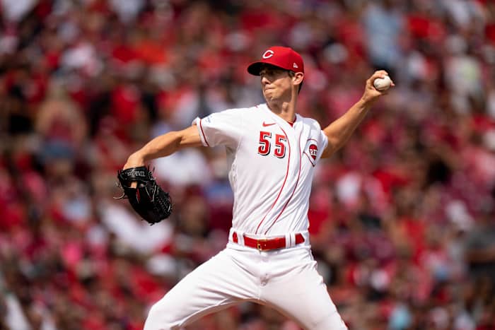 Cincinnati Reds starting pitcher Brandon Williamson (55) delivers a pitch in the first inning of the MLB baseball game between the Cincinnati Reds and the Arizona Diamondbacks at Great American Ball Park in Cincinnati on Saturday, July 22, 2023.  