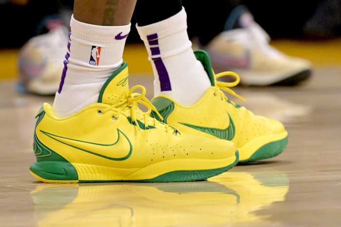 Los Angeles Lakers forward LeBron James' yellow and green Nike sneakers.