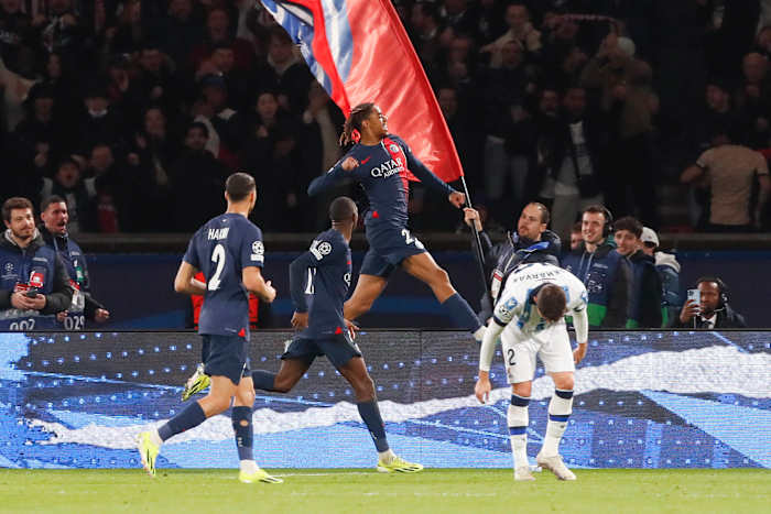 Bradley Barcola pictured (center) punching the air after scoring his first Champions League goal in Paris Saint-Germain's 2-0 win over Real Sociedad in February 2024
