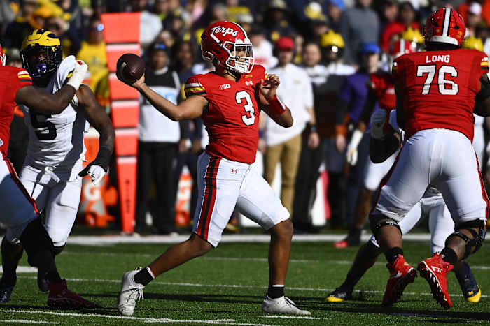 Nov 18, 2023; College Park, Maryland, USA; Maryland Terrapins quarterback Taulia Tagovailoa (3) throws a pass against the Michigan Wolverines during the first half at SECU Stadium. Mandatory Credit: Brad Mills-USA TODAY Sports