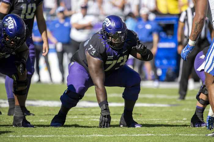 Oct 14, 2023; Fort Worth, Texas, USA; TCU Horned Frogs offensive lineman Willis Patrick (73) in action during the game between the TCU Horned Frogs and the Brigham Young Cougars at Amon G. Carter Stadium. Mandatory Credit: Jerome Miron-USA TODAY Sports