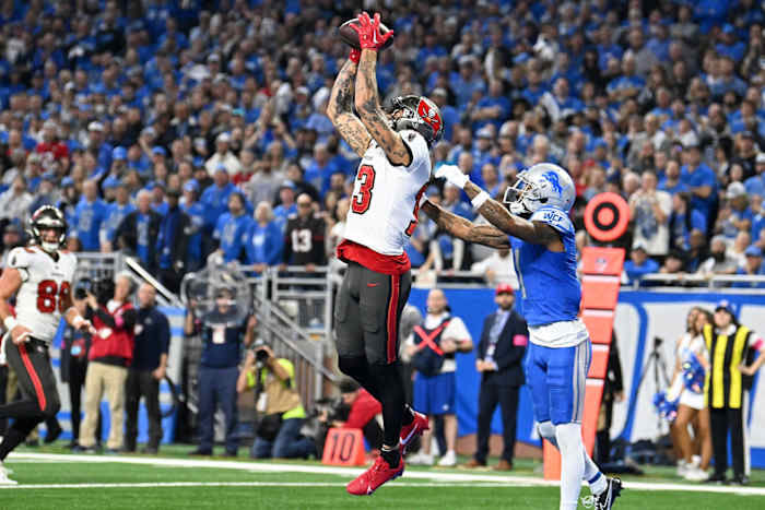 Tampa Bay Buccaneers wide receiver Mike Evans makes a catch against Detroit Lions cornerback Cameron Sutton. 