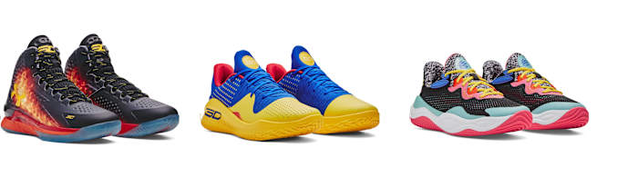 Three pairs of Stephen Curry's multicolor Under Armour sneakers.