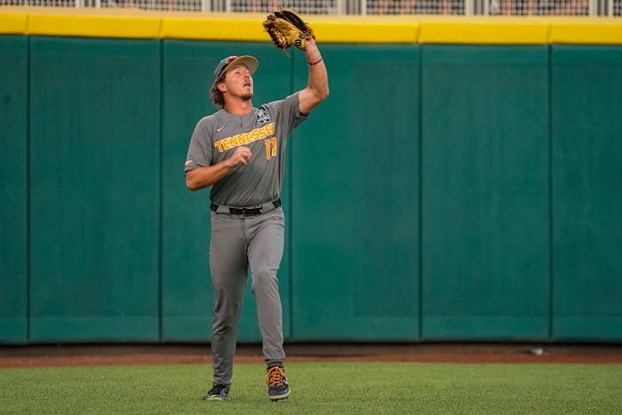 Tennessee Volunteers OF Jared Dickey during a loss to LSU during the College World Series. (Photo by Dylan Widger of USA Today Sports)