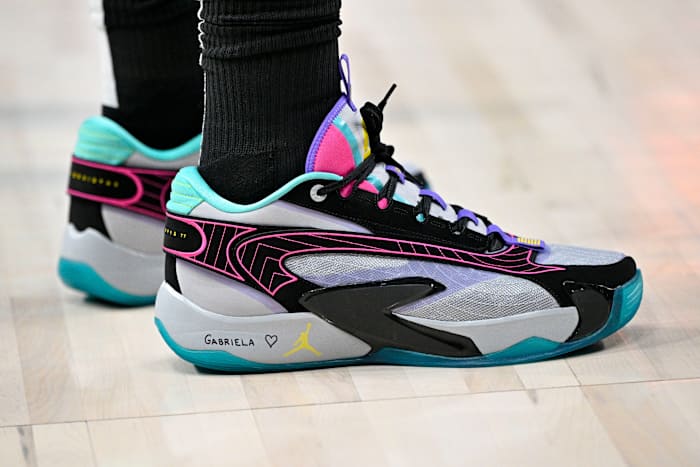 Dallas Mavericks guard Luka Doncic's grey and black Jordan Brand sneakers.