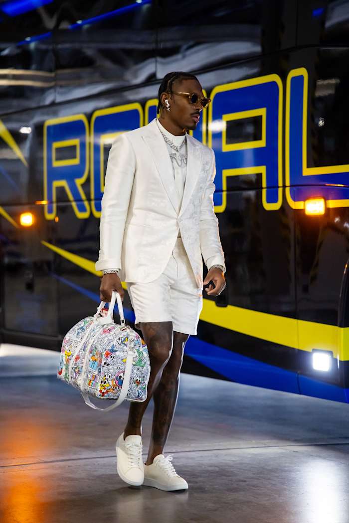 Feb 11, 2024; Paradise, Nevada, USA; Kansas City Chiefs wide receiver Mecole Hardman arrives at the stadium prior to the game against the San Francisco 49ers in Super Bowl LVIII at Allegiant Stadium.