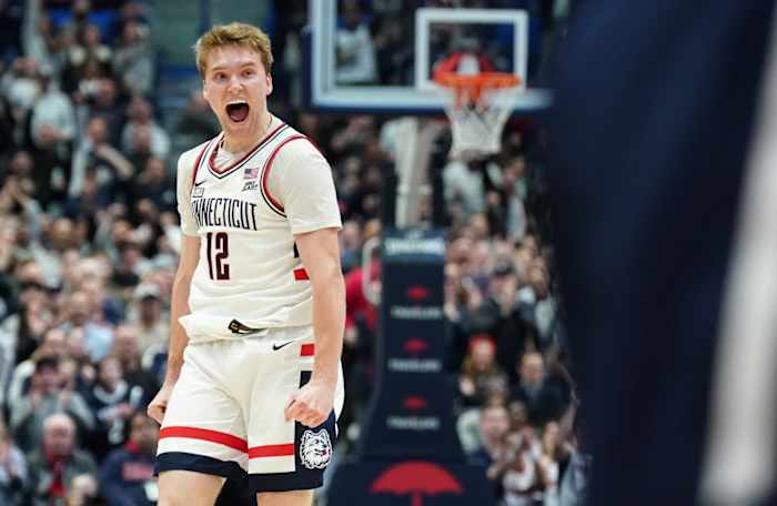 UConn Huskies guard Cam Spencer reacts after a play against the Butler Bulldogs.