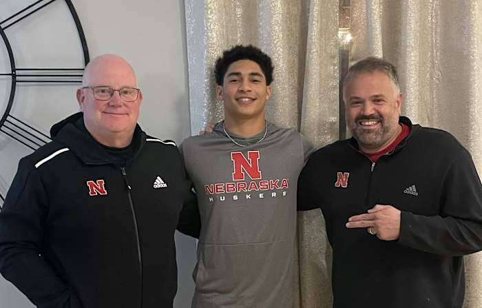 Donovan Jones with Nebraska football special teams coordinator Ed Foley and head coach Matt Rhule