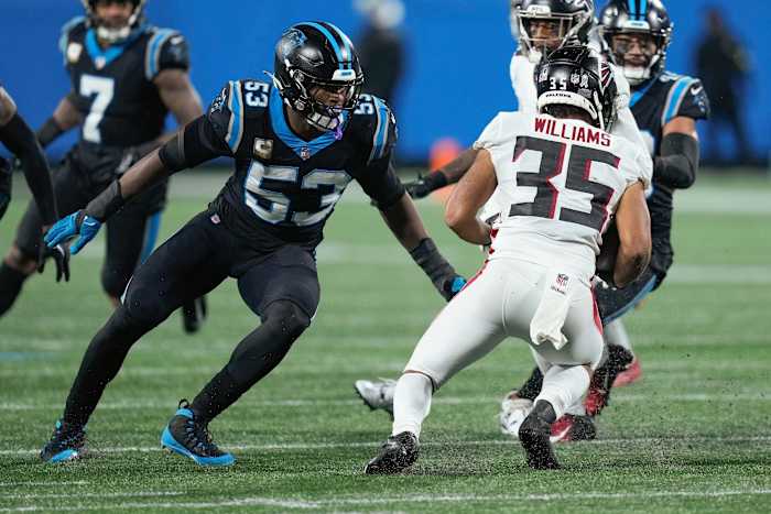 Nov 10, 2022; Charlotte, North Carolina, USA; Carolina Panthers defensive end Brian Burns (53) and Atlanta Falcons cornerback Avery Williams (35) during the second half at Bank of America Stadium.
