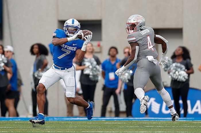 Nov 18, 2023; Colorado Springs, Colorado, USA; Air Force Falcons safety Trey Taylor (7) intercepts a pass intended for UNLV Rebels running back Donavyn Lester (4) in the first quarter at Falcon Stadium. Mandatory Credit: Isaiah J. Downing-USA TODAY Sports