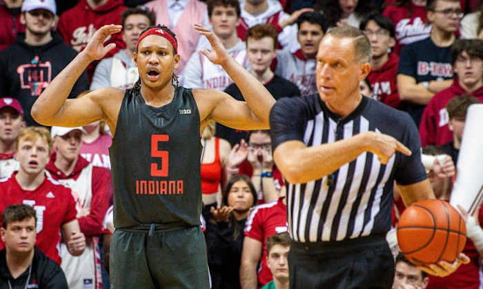 Indiana's Malik Reneau (5) reacts to getting his fifth foul during the second half of the Indiana versus Northwestern men's basketball game at Simon Skjodt Aseembly Hall on Sunday, Feb. 18, 2024.