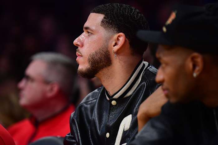 Chicago Bulls guard Lonzo Ball (2) watches game action against the Los Angeles Lakers during the second half at Crypto.com Arena.