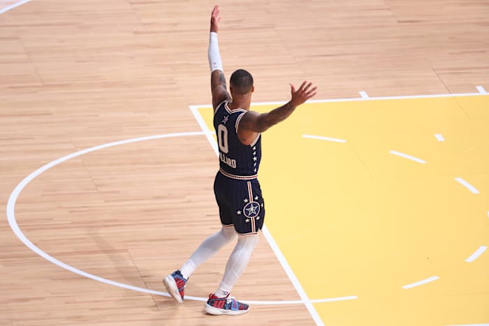 Damian Lillard celebrates during the NBA All-Star Game.