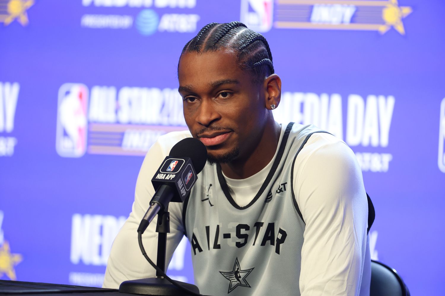 Shai Gilgeous-Alexander speaks before the NBA All-Star practice.
