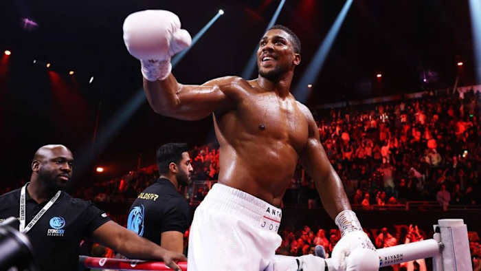 Anthony Joshua celebrates victory following the Heavyweight fight between him and Otto Wallin during the Day of Reckoning in Riyadh, Saudi Arabia. RICHARD PELHAM/GETTY IMAGES.