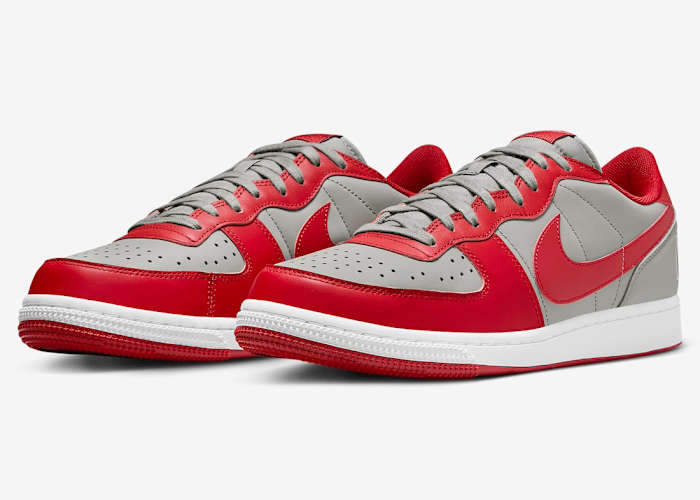 Side view of scarlet and grey Nike sneakers.