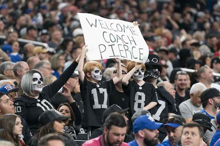  Las Vegas Raiders head coach Antonio Pierce gets talked about by two die-hard Silver and Black fans