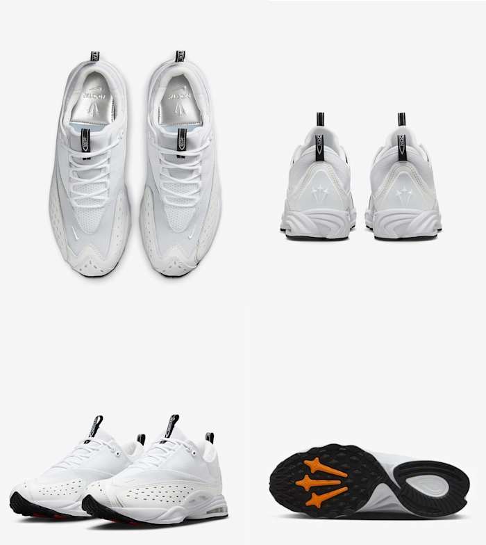 A detailed look at Drake's white and black Nike sneakers.