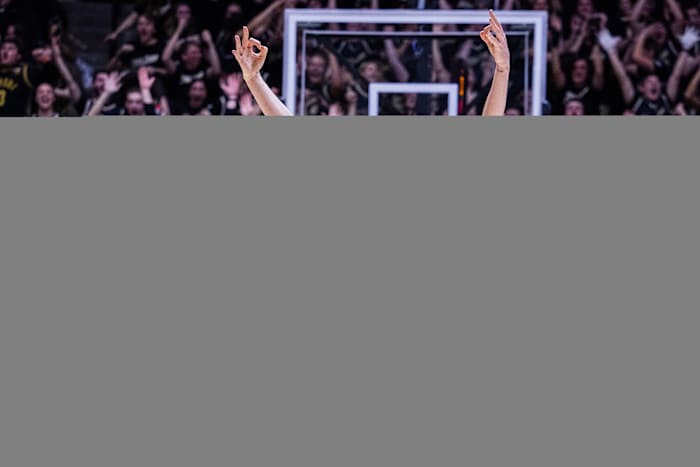 Purdue Boilermakers center Zach Edey (15) celebrates a made basket in the second half against the Indiana Hoosiers at Mackey Arena.