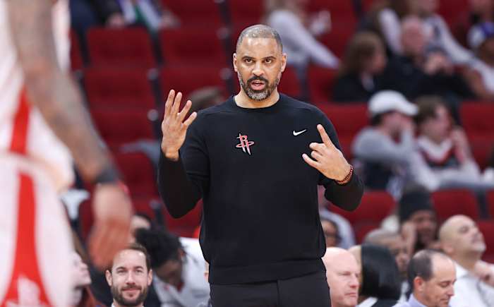 Rockets head coach Ime Udoka reacts during the second quarter against the New Orleans Pelicans at Toyota Center.