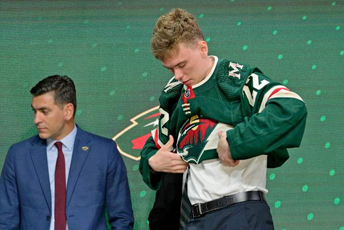 Danila Yurov after being selected as the number twenty-four overall pick to the Minnesota Wild in the first round of the 2022 NHL Draft at Bell Centre in Montreal on July 7, 2022.
