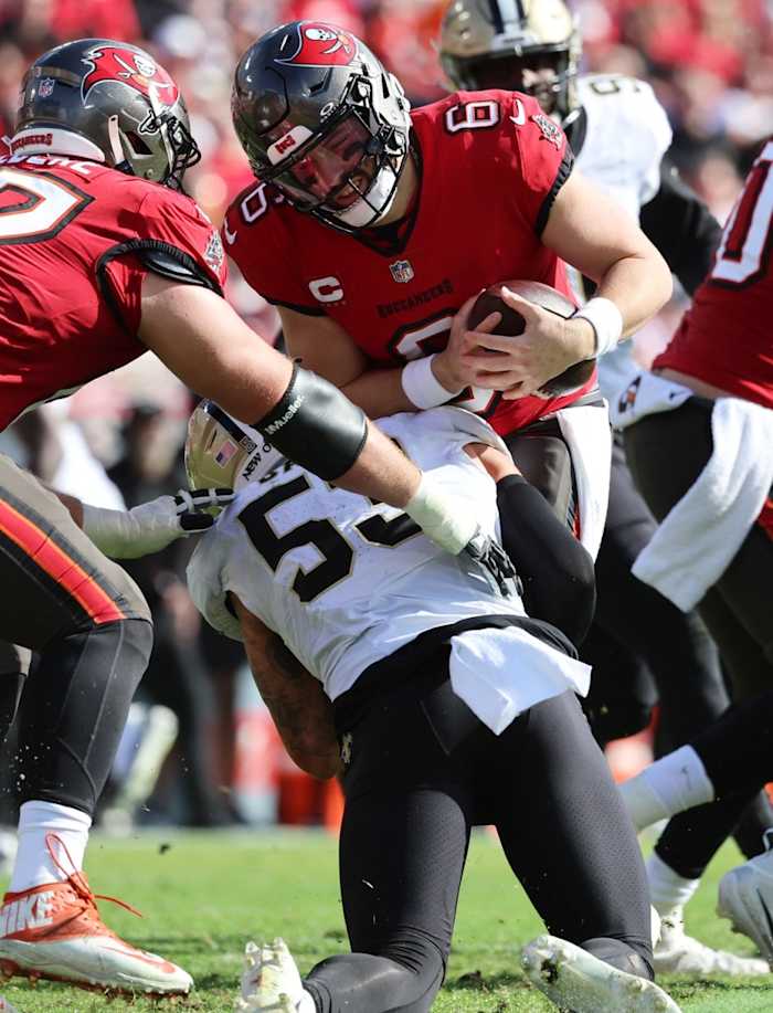 New Orleans Saints linebacker Zack Baun (53) sacks Tampa Bay Buccaneers quarterback Baker Mayfield (6). Mandatory Credit: Kim Klement Neitzel-USA TODAY