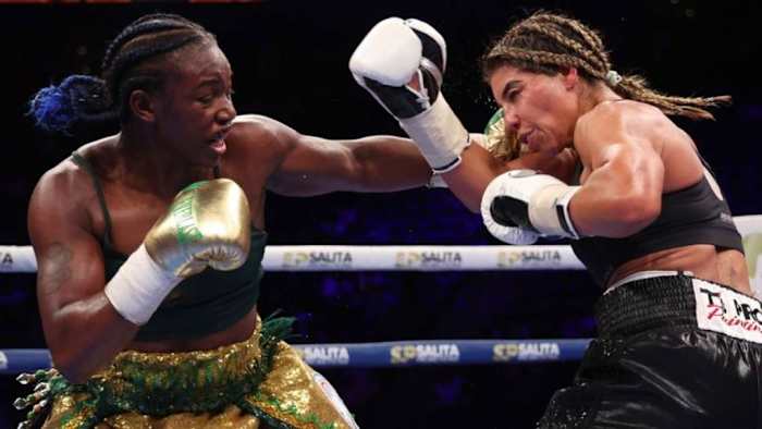 Claressa Shields throws a punch against Maricela Cornejo during their Middleweight Championship fight at Little Caesars Arena in Detroit, Michigan. Claressa Shields predicts a split decision between Anthony Joshua and Francis Ngannou's bout. GREGORY SHAMUS/GETTY IMAGES.