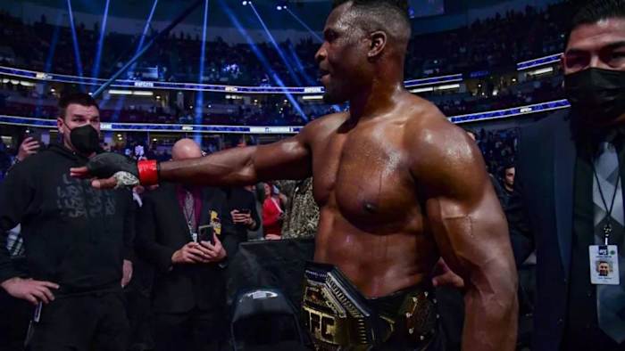 Francis Ngannou  celebrates after defeating Ciryl Gane  by unanimous decision in their heavyweight title fight during the UFC 270 event in Anaheim, California. After the Anthony Joshua bout, Francis Ngannou will go back to MMA. KATELYN MULCAHY/GETTY IMAGES. 