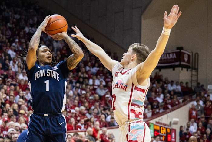 Penn State Nittany Lions guard Ace Baldwin Jr. (1) shoots the ball while Indiana Hoosiers guard Gabe Cupps (2) defends in the second half at Simon Skjodt Assembly Hall.