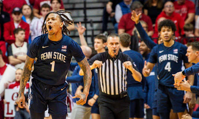 Penn State's Ace Baldwin Jr. (1) celebrates his three-pointer during the second half of the Indiana versus Penn State men's basketball game at Simon Skjodt Assembly Hall on Saturday, Feb. 3, 2024.