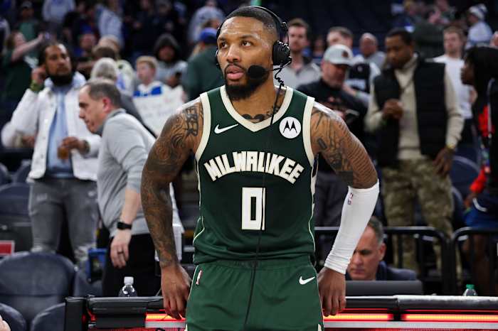 February 23, 2024; Milwaukee Bucks guard Damian Lillard after a win against the Minnesota Timberwolves at Target Center