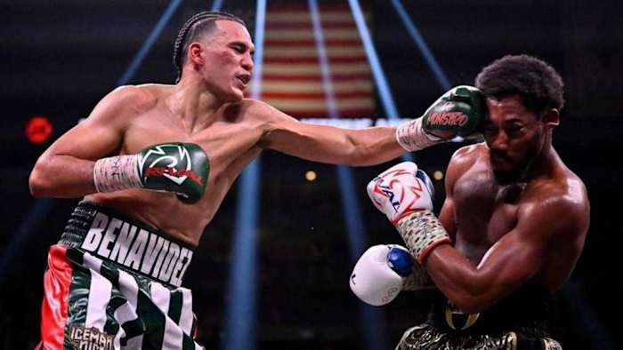 David Benavidez (L) fights Demetrius Andrade in a WBC super middleweight title fight at Michelob ULTRA Arena. Jose Benavidez Sr., discloses that Canelo Alvarez's team approached his promoter, and expressed interest in organizing a bout. DAVID BECKER/GETTY IMAGES.