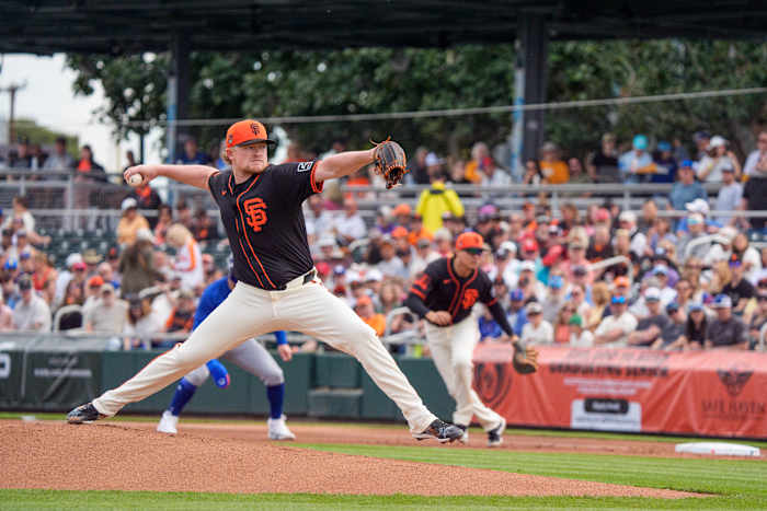 San Francisco Giants pitcher Logan Webb (62) on the mound in the first inning against the Chicago Cubs during a spring training game at Scottsdale Stadium.