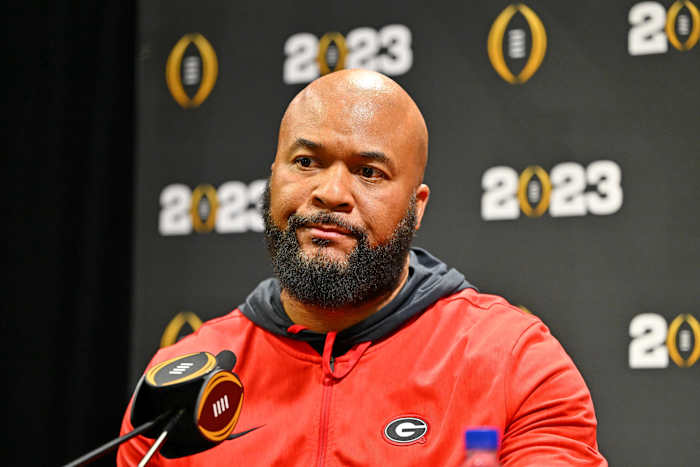 Jan 7, 2023; Los Angeles, California, USA; Georgia Bulldogs run game coordinator and running back coach Dell McGee talks to media on media day before the 2023 CFP National Championship game at Los Angeles Convention Center.