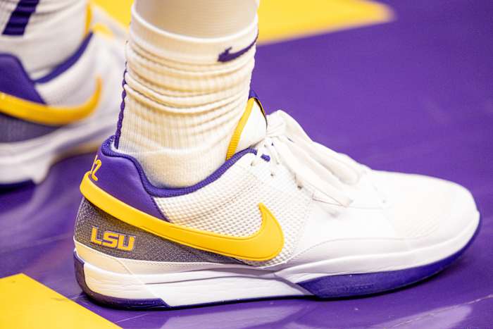 Ja Morant's white, purple, and gold 'LSU Tigers' Nike sneakers.