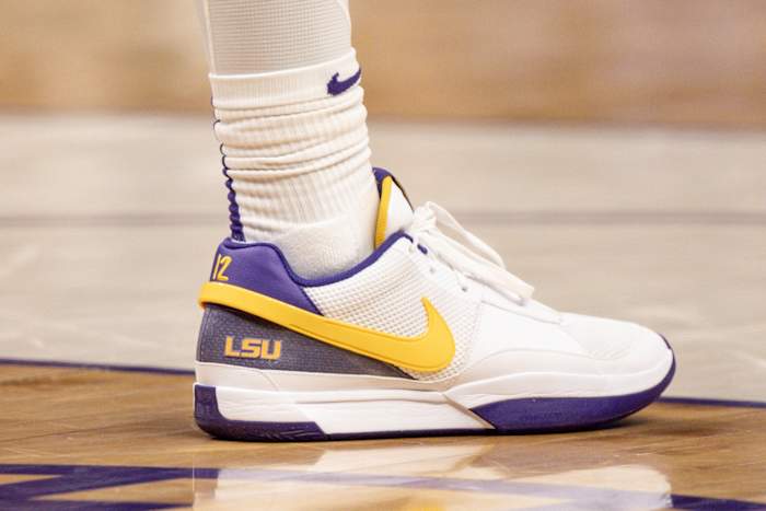 Ja Morant's white, purple, and gold 'LSU Tigers' Nike sneakers.