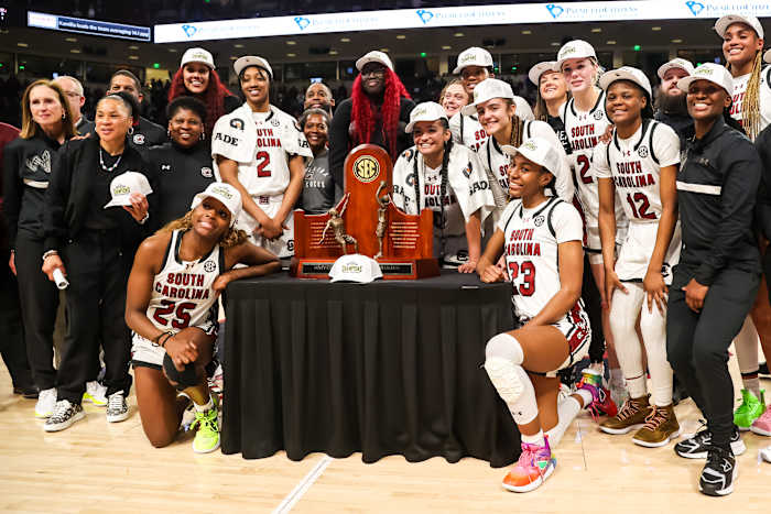 South Carolina Gamecocks players celebrate winning the SEC regular season title.