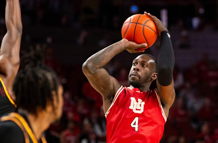 Feb 25, 2024; Lincoln, Nebraska, USA; Nebraska Cornhuskers forward Juwan Gary (4) shoots the ball against Minnesota during the first half at Pinnacle Bank Arena.