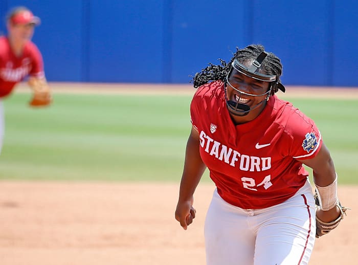 Stanford's NiJaree Canady (24) celebrates a strike out during a softball game between the Oklahoma Sooners and Stanford in the Women's College World Series at USA Softball Hall of Fame Stadium in in Oklahoma City, Monday, June, 5, 2023.