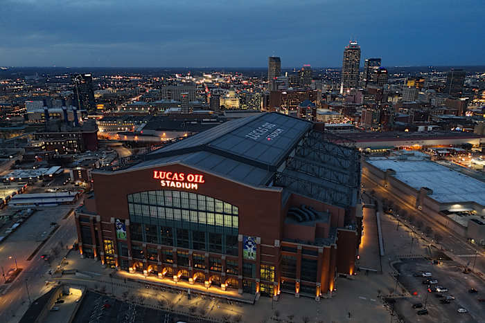 An overhead photo of Lucas Oil Stadium
