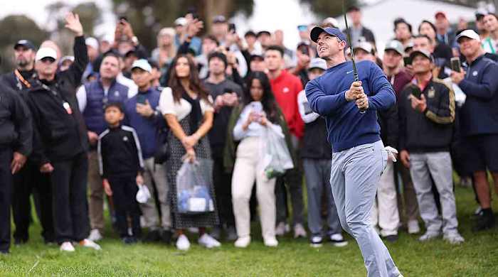 Rory McIlroy watches a shot in the final round of the 2024 Genesis Invitational at Riviera Country Club in Pacific Palisades, Calif.